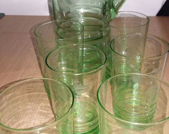 Macbeth Evans Green vaseline glass pitcher and 6 glasses - etched grape pattern