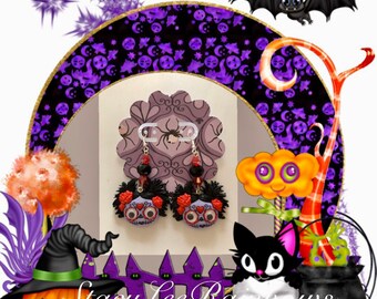 Large Sugar Skull Dangle Earrings Halloween Zany Zombies plastic  shank flatback button Earrings