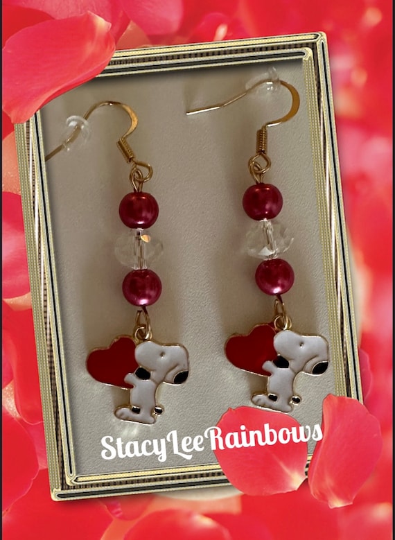 Snoopy Valentine's Day Dangle Earrings, Swarovski Crystals, Nickel Free Ear Wires