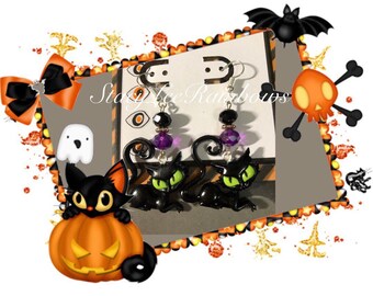 Black Cat Dangle Earrings, Halloween Jewelry