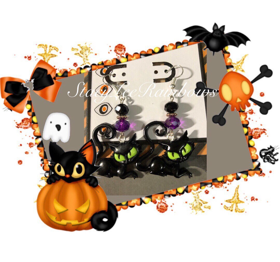 Black Cat Halloween Earrings Dangle Nylon Button Earrings Etsy