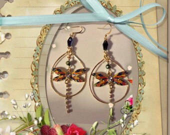 Dragonfly Dangle Hoop Earrings, Handmade Gold Charms