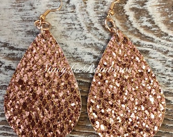Glitter Rose Gold Faux Leather Teardrop Earrings