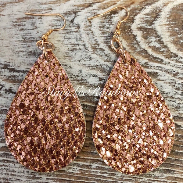 Glitter Rose Gold Faux Leather Earrings lightweight Leather Jewelry Earrings Earings Sparkly Leather Earrings Womens Teardrop Almond Shaped