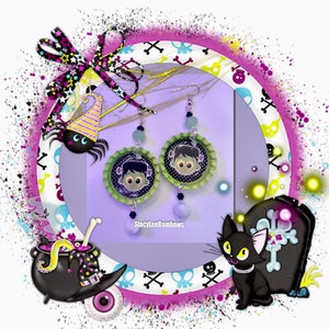 Halloween-oorbellen Frankenstein, Halloween-oorbellen bungelen, Halloween-oorbellen met kroonkurk, Halloween-sieraden, Halloweencadeau