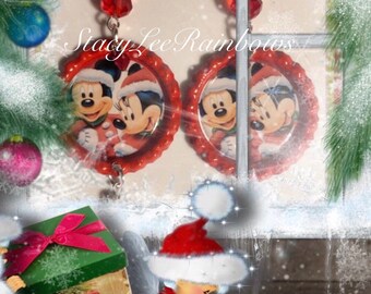 Minnie & Mickey Mouse Christmas Earrings, Recycled Bottle Cap Jewelry