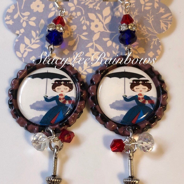 Mary Poppins Inspired Earrings Bottlecap Jewelry Earings Womens Earrings Jewellery Long Dangle Earrings