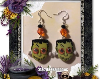 Frankenstein Dangle Earrings: Halloween Button Jewelry