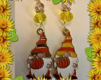 Pumpkin Gnome Enamel Dangle Earrings: Fall Whimsical Jewelry
