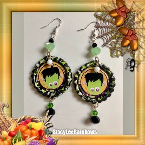 Halloween-oorbellen Frankenstein, Halloween-oorbellen bungelen, Halloween-oorbellen met kroonkurk, Halloween-sieraden, Halloweencadeau