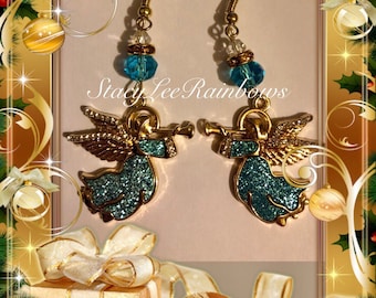 Glitter Angel Christmas Earrings, Holiday Dangles