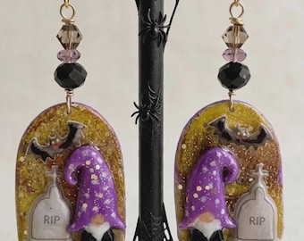 Dangle Clay Gnome Halloween Earrings, Tombstone & Bat