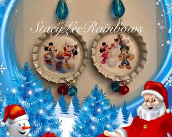Mickey & Minnie Mouse Christmas Earrings, Disney Bottle Cap Jewelry