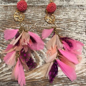 Feather Earrings Earings Dangle Boho Earrings Peach, Pink Earrings Real feather Bohemian Statement Earrings Hippie Earrings