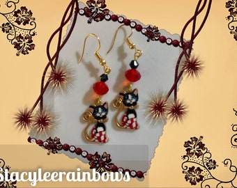 Black Cat Enamel Dangle Earrings, Checkered Cat Lover Gift