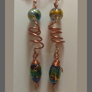 Copper Earrings,  Spiral Glass Bead Jewelry, Copper Dangle Earrings, ,Boyfriend Gift, Girlfriend Gift, Womens Earrings, Bo-ho  Earrings