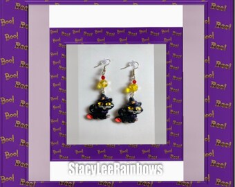 Black Cat Dangle Earrings, Halloween Jewelry