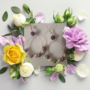 Purple Amethyst Stone & Fresh Water Pearls Rose Gold Hoop Earrings