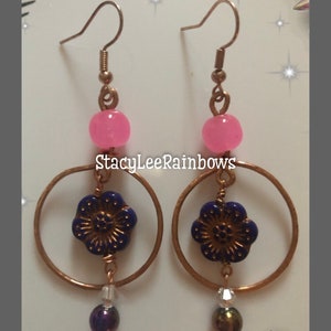 Hibiscus Bead Copper Hoop Earrings, Picasso Bead Flower Hoops, Czech Glass Bead Hoop  Earrings, Hawaiian Flower Bead Earrings