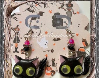 Halloween Black Cat Dangle Earrings, Costume Jewelry