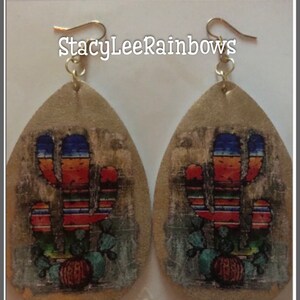 Southwestern Bo Ho Faux Leather Earrings, Large Teardrop Shape Cactus Print Faux Leather Earrings,Cactus Faux Leather Earrings, Gift For Her