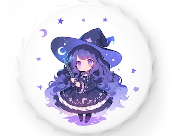 Abridor de botellas magnético de bruja chibi, imán para nevera de Halloween
