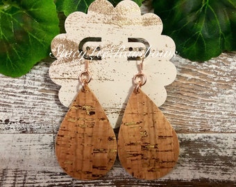 Rose Gold Cork Teardrop Earrings, Double Sided