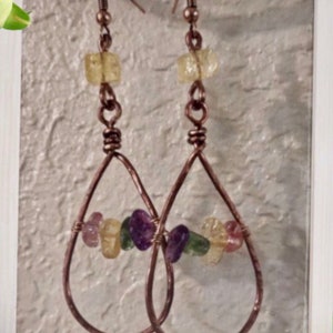 Copper Teardrop  Quartz Crystal Teardrop Earrings Copper Hand Made  Hammered Teardrop  Earrings Copper Teardrop Earrings Wire Wrapped