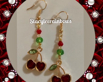 Cherry Gold Crystal Dangle Earrings, Gift for her, Valentines Gift, Summer Earrings, Cute Earings