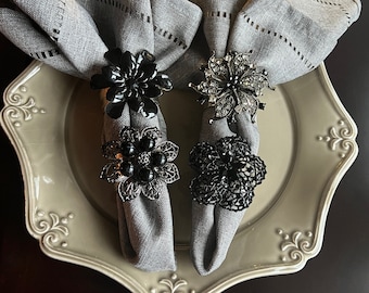 Black Floral Napkin Rings, gothic tableware, vintage style napkin rings, silver napkin holders, host thank you gift, Halloween table setting