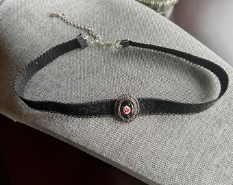 Handpainted Rose Choker, handpainted pink rose charm necklace, black ribbon choker with pendant, oval-shaped rose pendant necklace