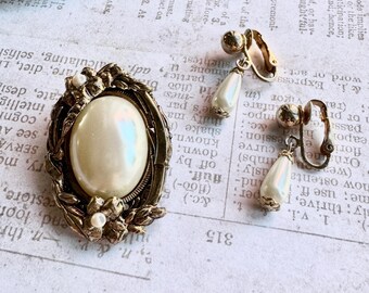 Vintage Brooch and Clip Earring Set, Costume Jewelry Set, Blazer Brooch, Christmas Gift for Wife, Birthday Gift for Daughter, Mother's Day