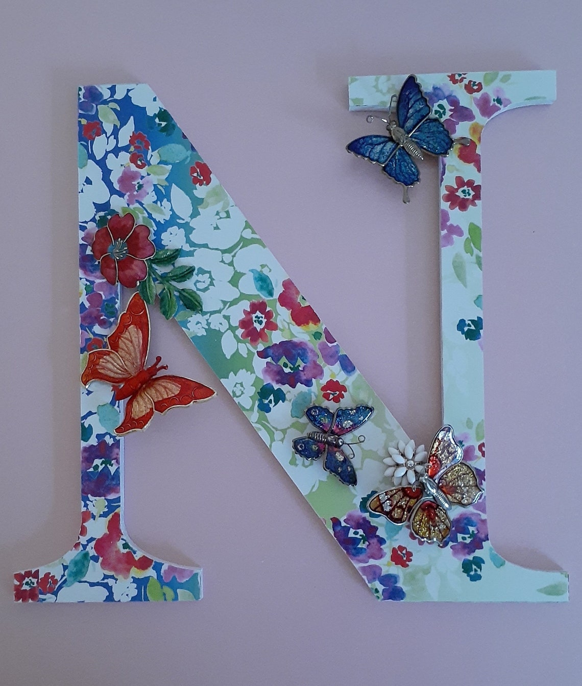 Wooden Initial for Nursery, Letter N Wall Art, Butterfly Wood Decor