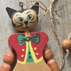 Vintage Austria wooden Puss In Boots articulated pull-string puppet toy 1940's