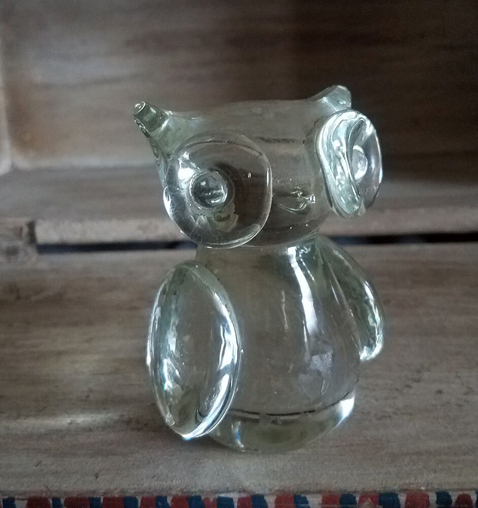Vintage Heavy Clear Art Glass Owl Figurine/paperweight Etsy