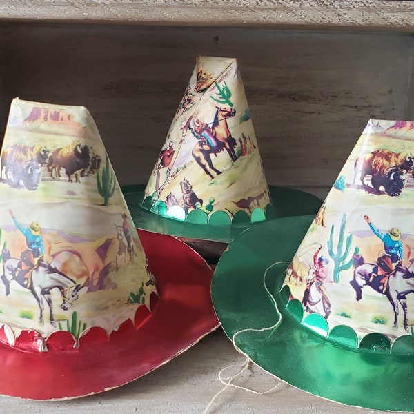 Vintage 1950's child's cowboy themed birthday party hats x 3