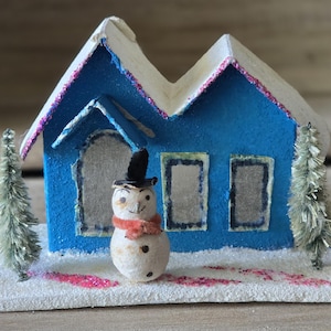 1930&#39;s Putz Christmas cardboard mica house with bottle brush trees and snowman JAPAN