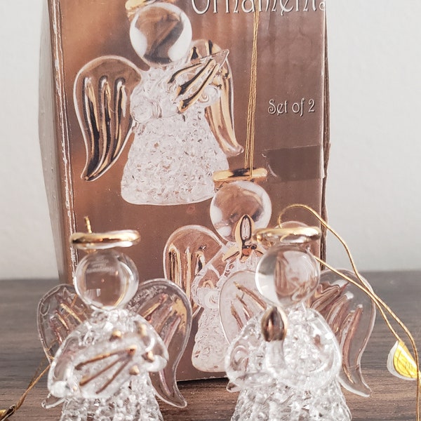 Pair of vintage spun glass angel ornaments with 22kt gold paint trim