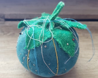 Antique Victorian straw stuffed pin cushion teal blue