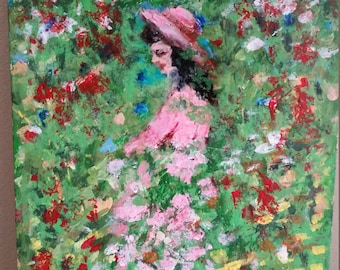 Impressionist style oil painting on wood "I Saw Her in a Garden", 12" x 7 1/4" x 1 1/4", artist signed