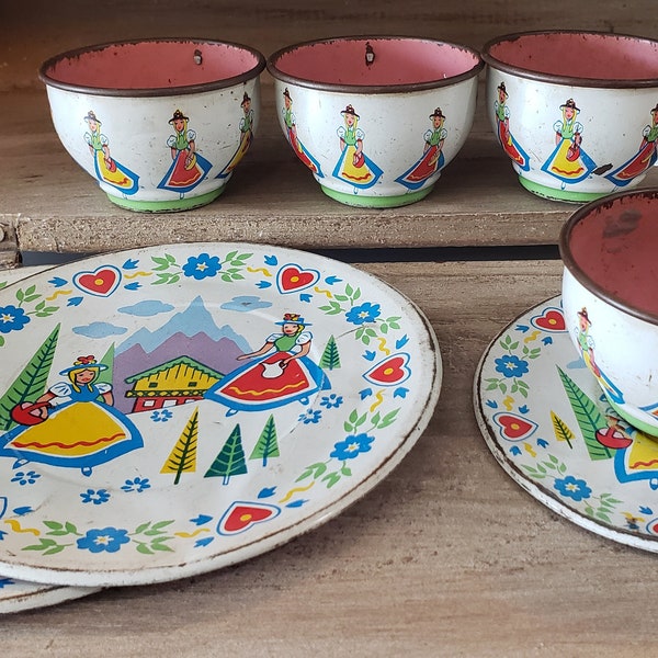 Vintage Ohio Art tin litho child's tea cups, saucer and plates Dutch Scene