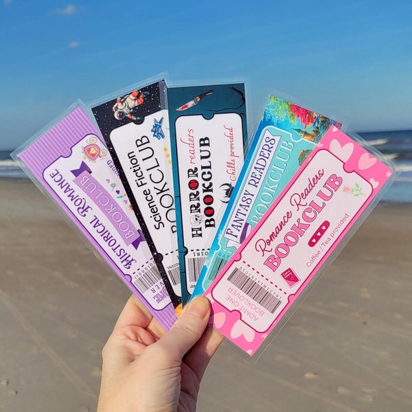 Set de marcapáginas con boletos de club de lectura / Fantasía, romance, ciencia ficción, histórico, terror / Café, té, lector, regalo para amantes de los libros / Primavera/Invierno literario