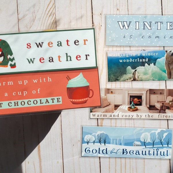 Laminated Winter Bookmarks • Christmas • Snowman • Penguin • Snow • Chocolate • Tree • Animals • Quotes - Polar Bear - Fire - Sweater
