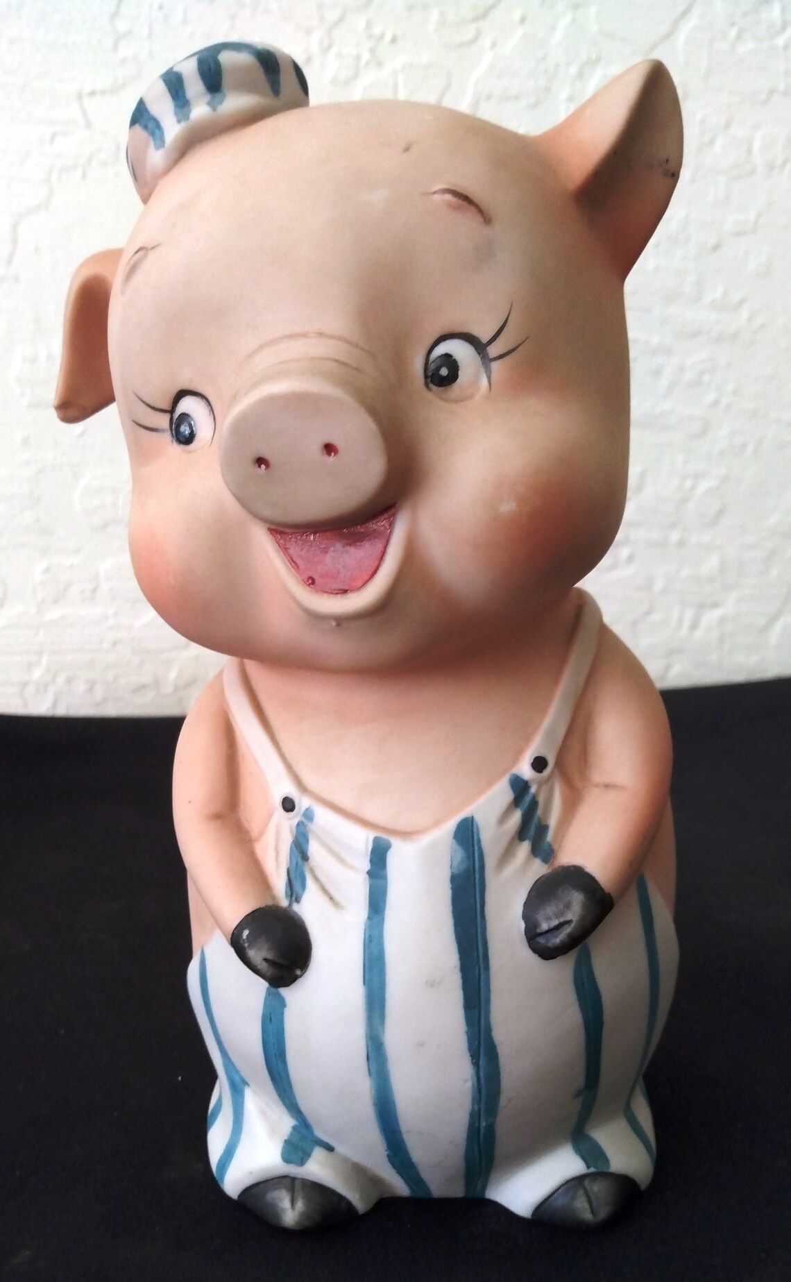 Bisque Porcelain Piggy Bank in Striped Overalls With a Cork Plug Etsy