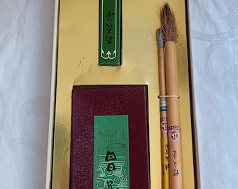 Japanese Calligraphy Set with Ink Stone, Ink Stick, 2 Brushes (Used)