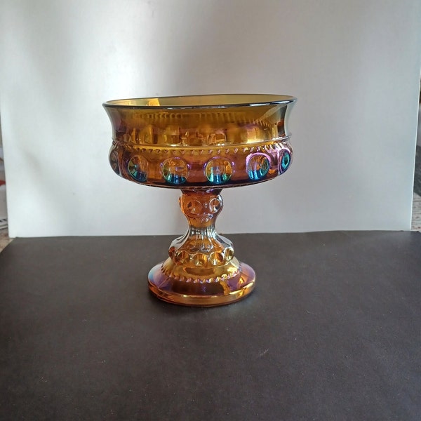 Kings Crown carnival glass compote by Indiana Glass. amber iridescent