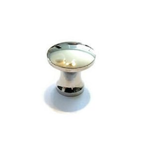 May include: A shiny, silver cabinet knob with a rounded top and a short, cylindrical base. The top has a reflective, mirrored surface with a thin, light-colored band. The text "K-3BN" is above the knob.