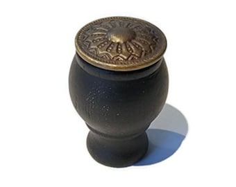 Wood Knob - Black Wood EASTLAKE STYLE KNOB with Stamped Antiqued Brass Overlay