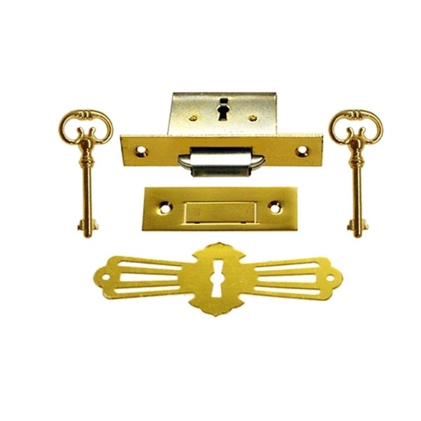 Lock - Full Mortise ROLL TOP DESK Lock Set with Square plates includes Lock, Catch Plate, Brass Escutcheon, and 2 Keys - Roll Top Lock
