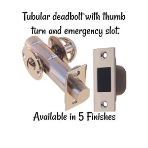 May include: A silver tubular deadbolt with a thumb turn and emergency slot. The deadbolt has a square strike plate with a black insert. Available in 5 finishes.